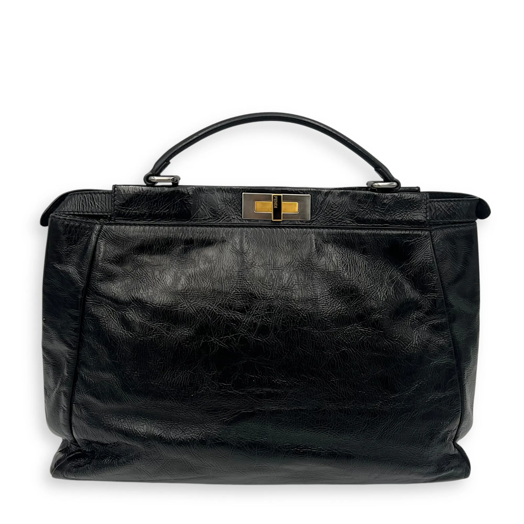Peekaboo Top Handle Bag Large Black in Patent Leather, Gold hardware