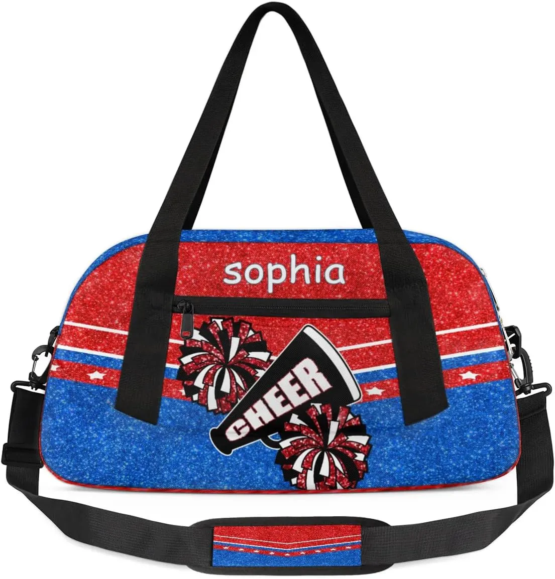 Personalized Name Cheer Bag Custom Sport Duffel Bag for Girls Cheerleader Bags Overnight Weekender Bags Carry On Travel Bag, Glitter Blue Red