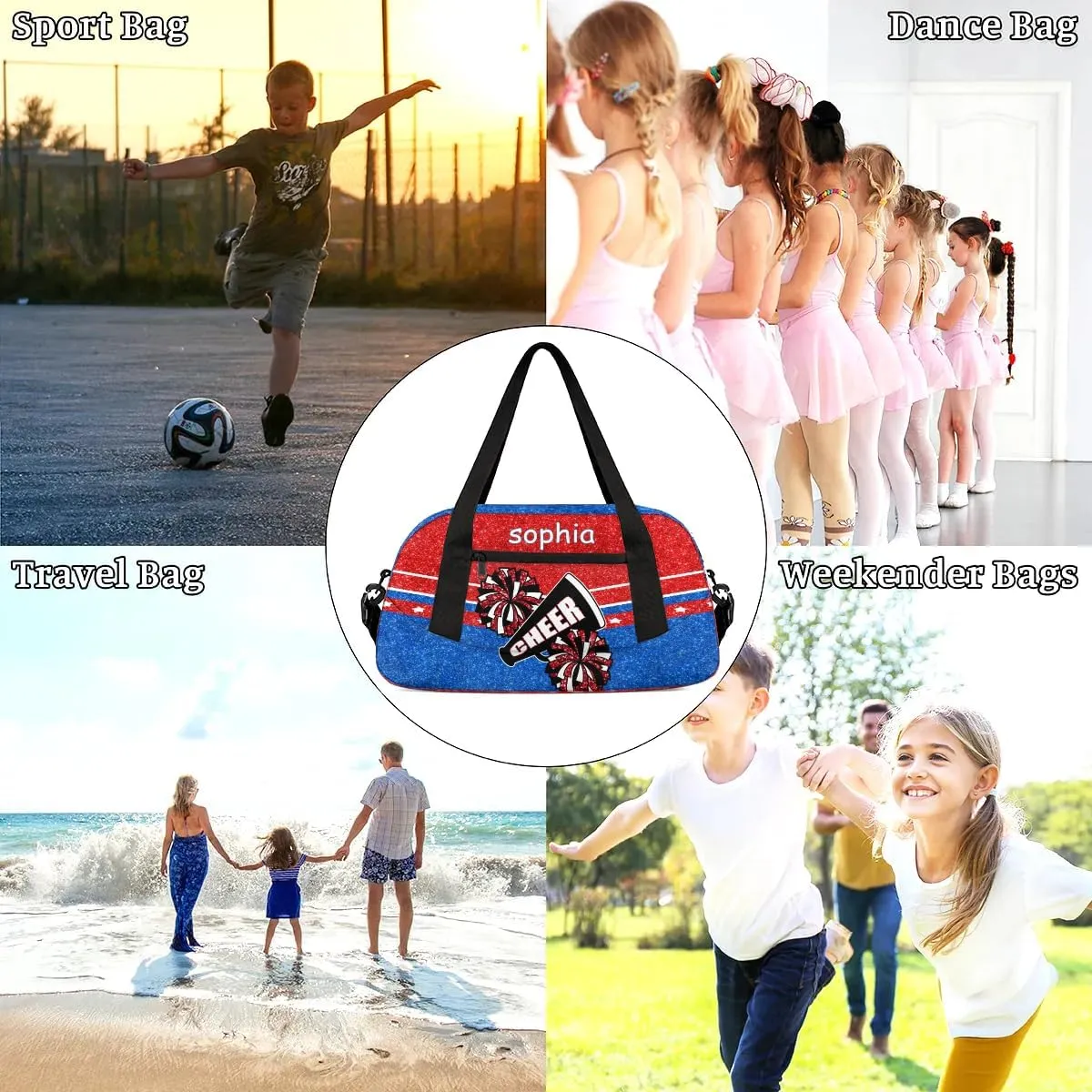 Personalized Name Cheer Bag Custom Sport Duffel Bag for Girls Cheerleader Bags Overnight Weekender Bags Carry On Travel Bag, Glitter Blue Red