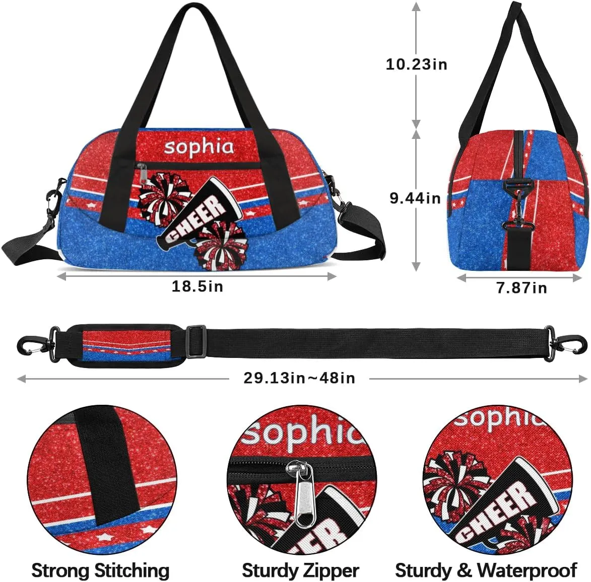 Personalized Name Cheer Bag Custom Sport Duffel Bag for Girls Cheerleader Bags Overnight Weekender Bags Carry On Travel Bag, Glitter Blue Red