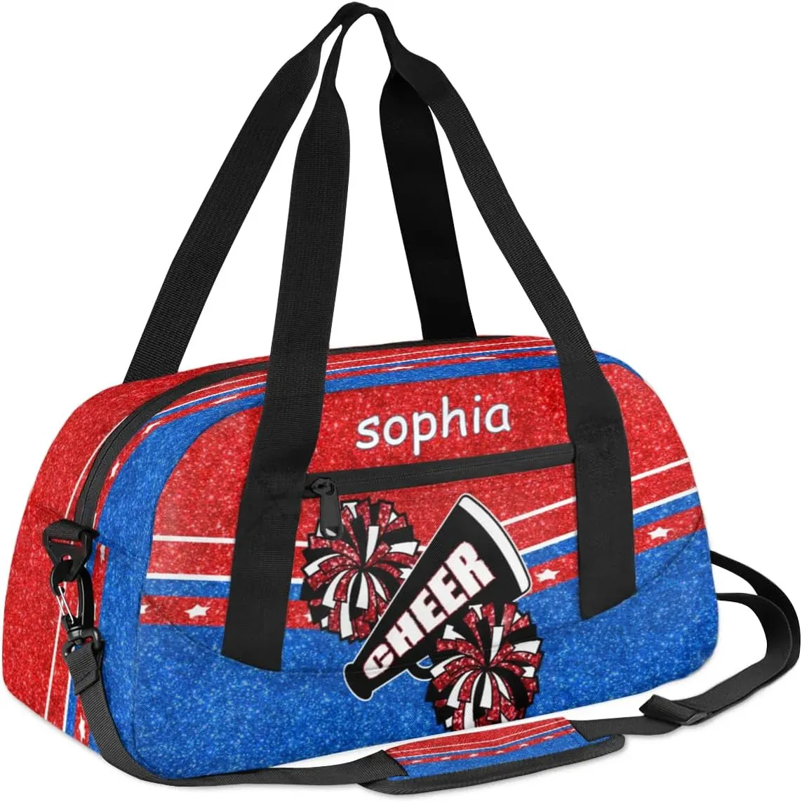 Personalized Name Cheer Bag Custom Sport Duffel Bag for Girls Cheerleader Bags Overnight Weekender Bags Carry On Travel Bag, Glitter Blue Red