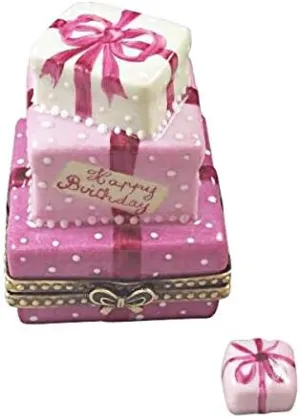 PINK BIRTHDAY CAKE WITH PRESENT - LIMOGES BOX AUTHENTIC PORCELAIN FIGURINE FROM FRANCE
