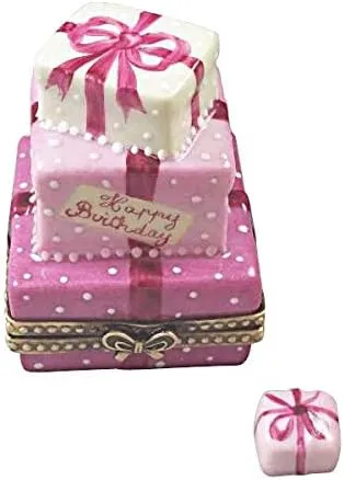 PINK BIRTHDAY CAKE WITH PRESENT - LIMOGES BOX AUTHENTIC PORCELAIN FIGURINE FROM FRANCE