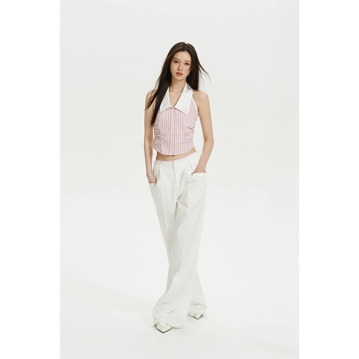 Pink Color Blocked Striped Vest