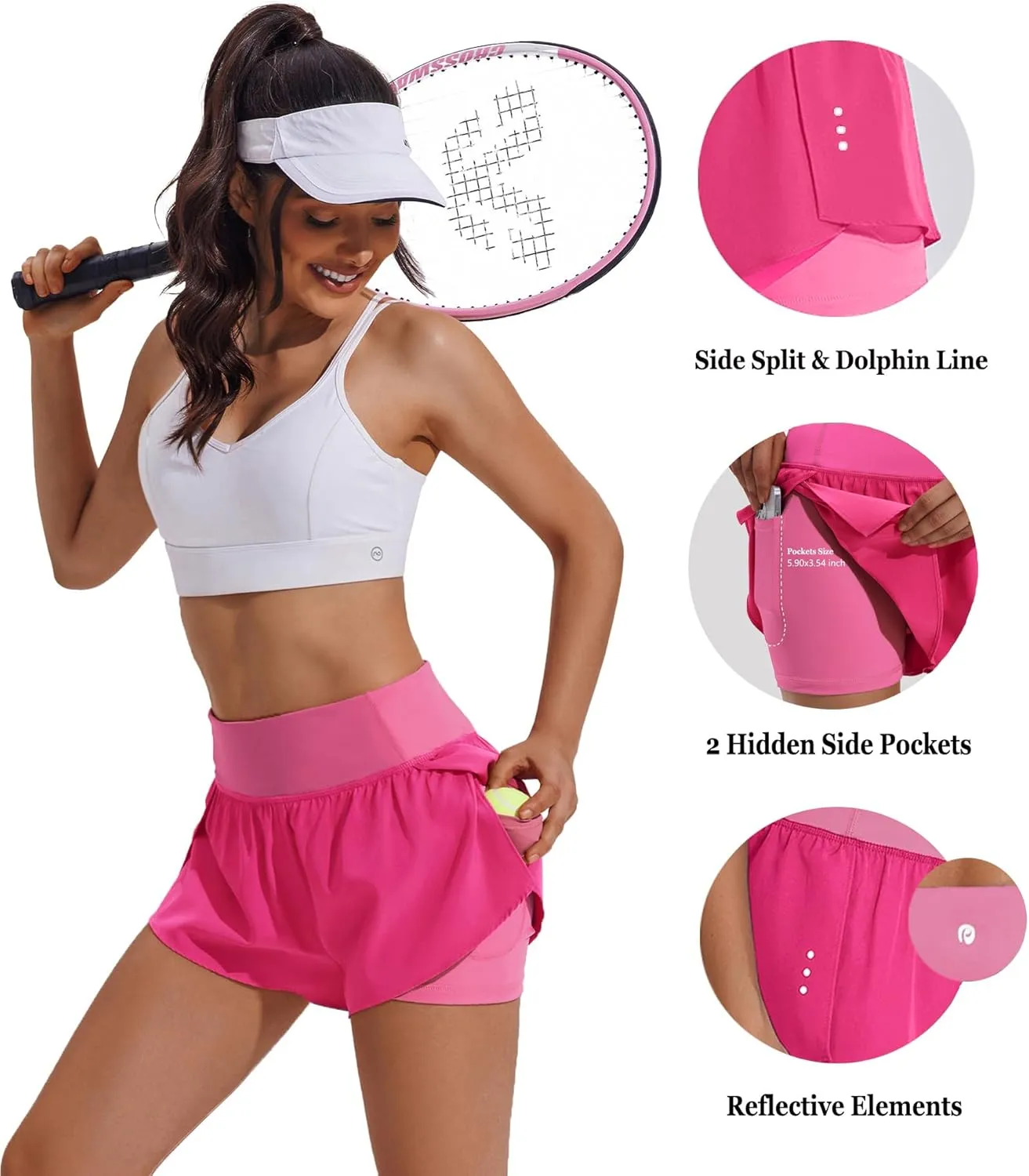 PINSPARK 2 in 1 Athletic Shorts for Women Biker Underneath Running Shorts High Waisted Gym Workout Short with Side Pockets