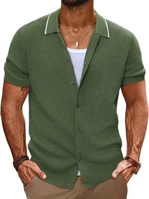 PJ PAUL JONES Men's Knit Button Down Shirts Short Sleeve Vintage Polo Shirt Casual Summer Beach Shirts