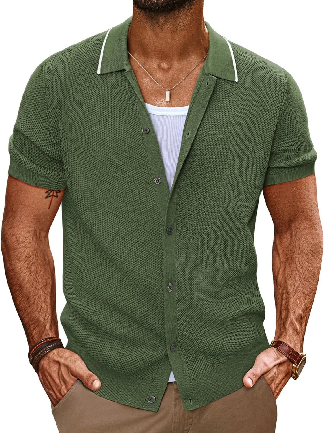 PJ PAUL JONES Men's Knit Button Down Shirts Short Sleeve Vintage Polo Shirt Casual Summer Beach Shirts