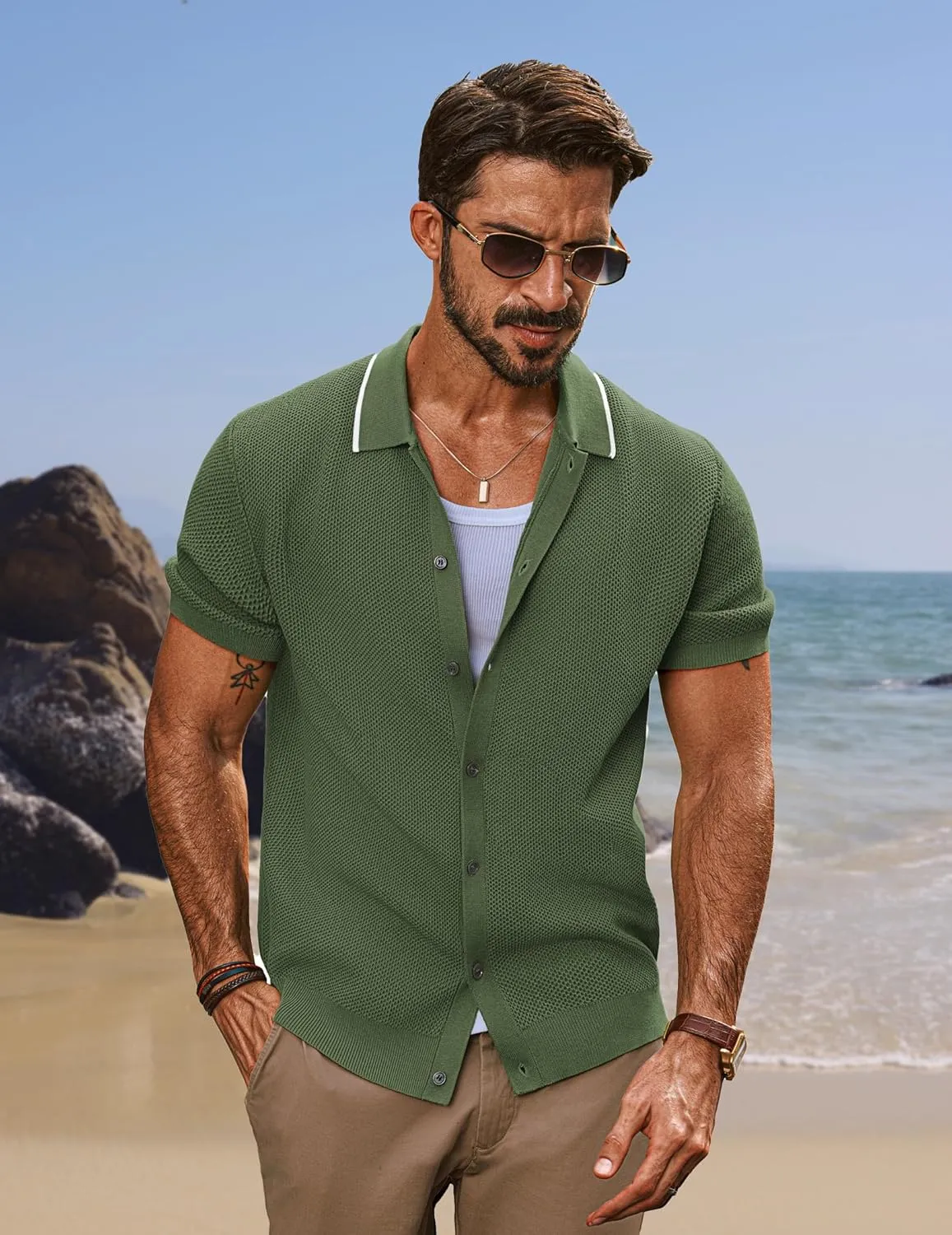 PJ PAUL JONES Men's Knit Button Down Shirts Short Sleeve Vintage Polo Shirt Casual Summer Beach Shirts