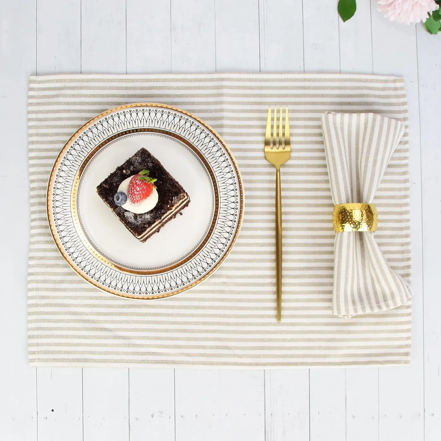 Plain Striped Cotton Linen Blended Dinner Cloth Napkins - Set of 12 (40 x 30 cm) - for Events & Home Use (Beige)