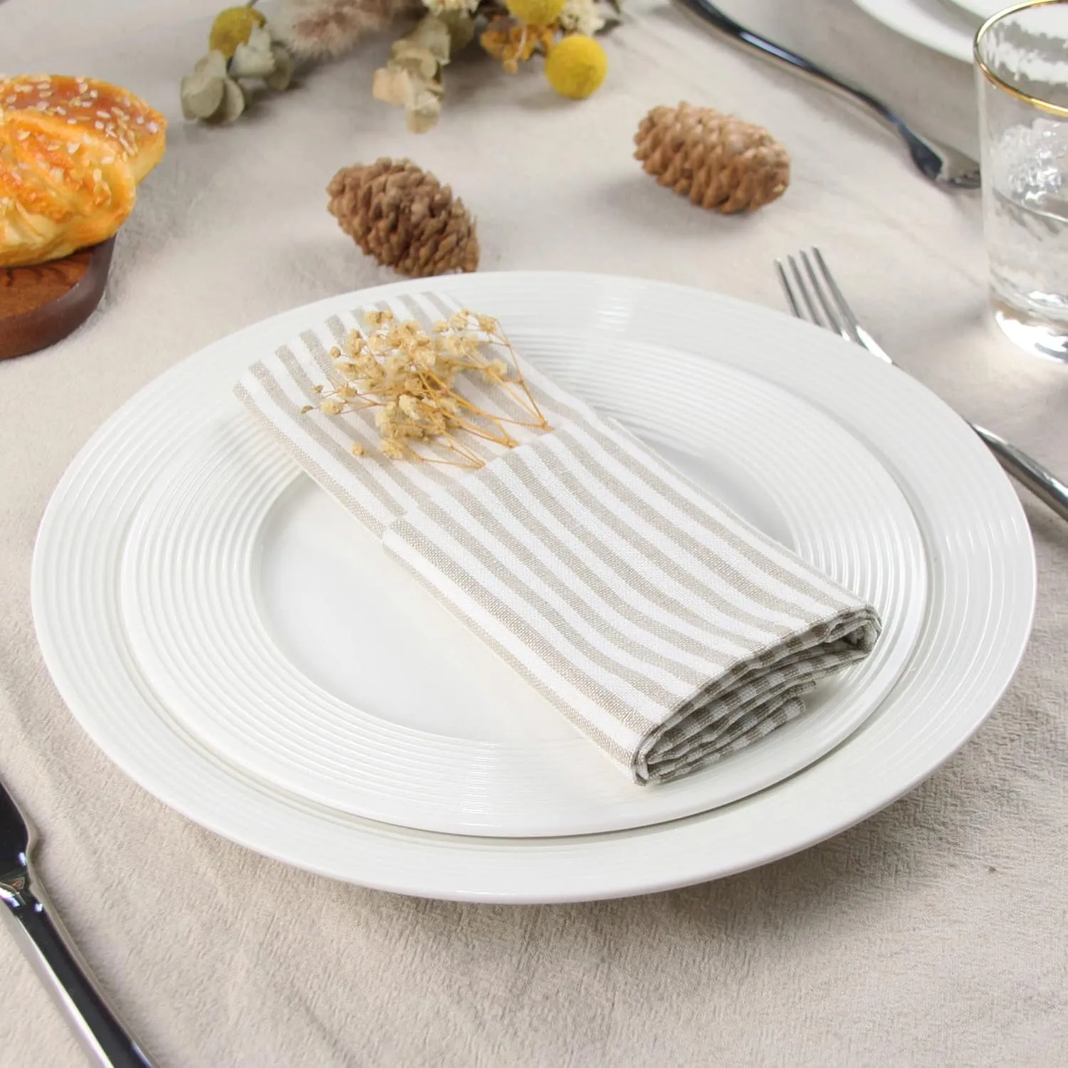 Plain Striped Cotton Linen Blended Dinner Cloth Napkins - Set of 12 (40 x 30 cm) - for Events & Home Use (Beige)