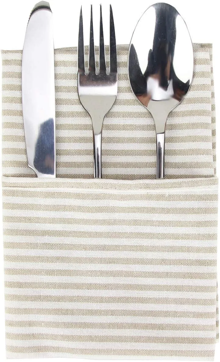 Plain Striped Cotton Linen Blended Dinner Cloth Napkins - Set of 12 (40 x 30 cm) - for Events & Home Use (Beige)