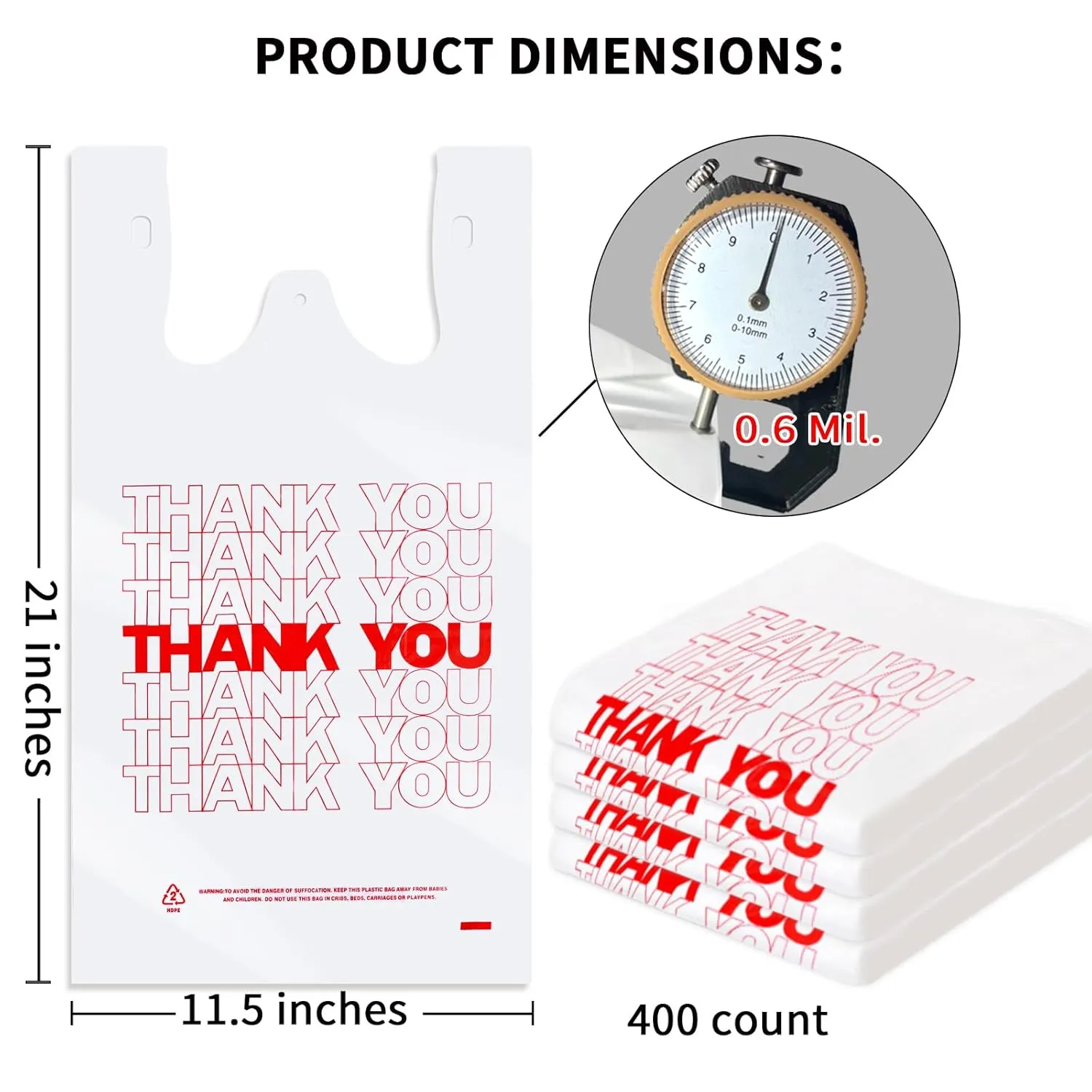 Plastic Shopping Bags, Thank You Bags 400 Count, HDPE, 15mic, 0.6 Mil, 11.5" x 6.5" x 21", 12 lbs, Hanging Handles, Leak-Proof, Perfect for Restaurant, Retail, Grocery