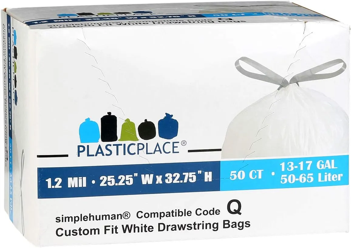 Plasticplace Custom Fit Trash Bags, Compatible with Simplehuman Code Q (50 Count), 13-17 Gallon Drawstring Garbage Liners, Heavy Duty Tear-Resistant