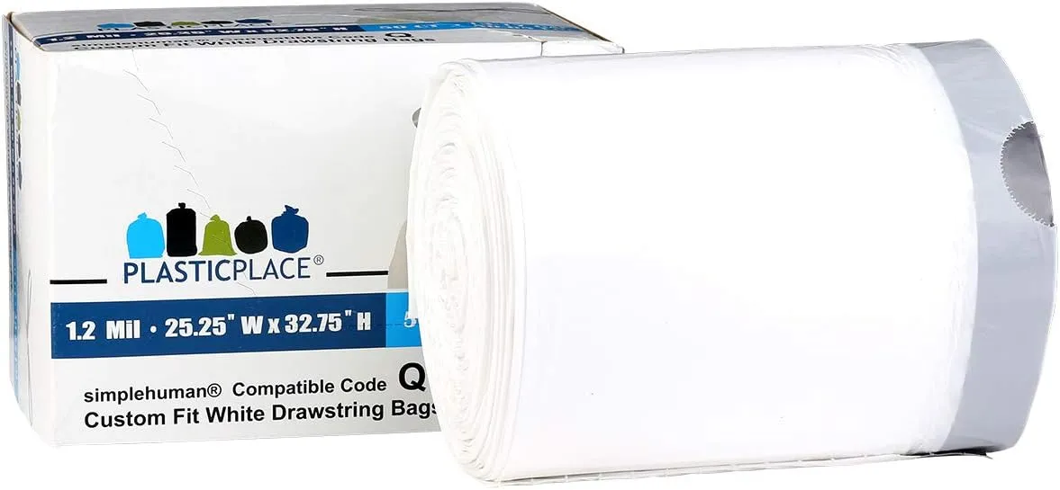 Plasticplace Custom Fit Trash Bags, Compatible with Simplehuman Code Q (50 Count), 13-17 Gallon Drawstring Garbage Liners, Heavy Duty Tear-Resistant