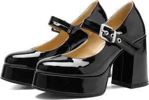 Platform Mary Jane Heels for Women Block Heel Chunky Round Closed Toe Dress Shoes