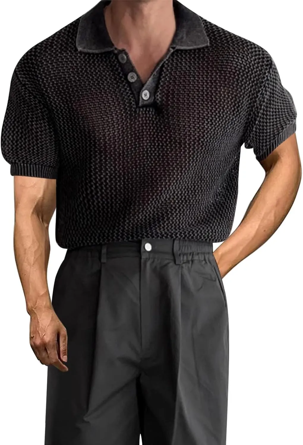 Plus Size Knitted Muscle Shirt Men V Neck Short Sleeve Moisture Wicking Top Casual Fashion Hollow Out Texture Blouse