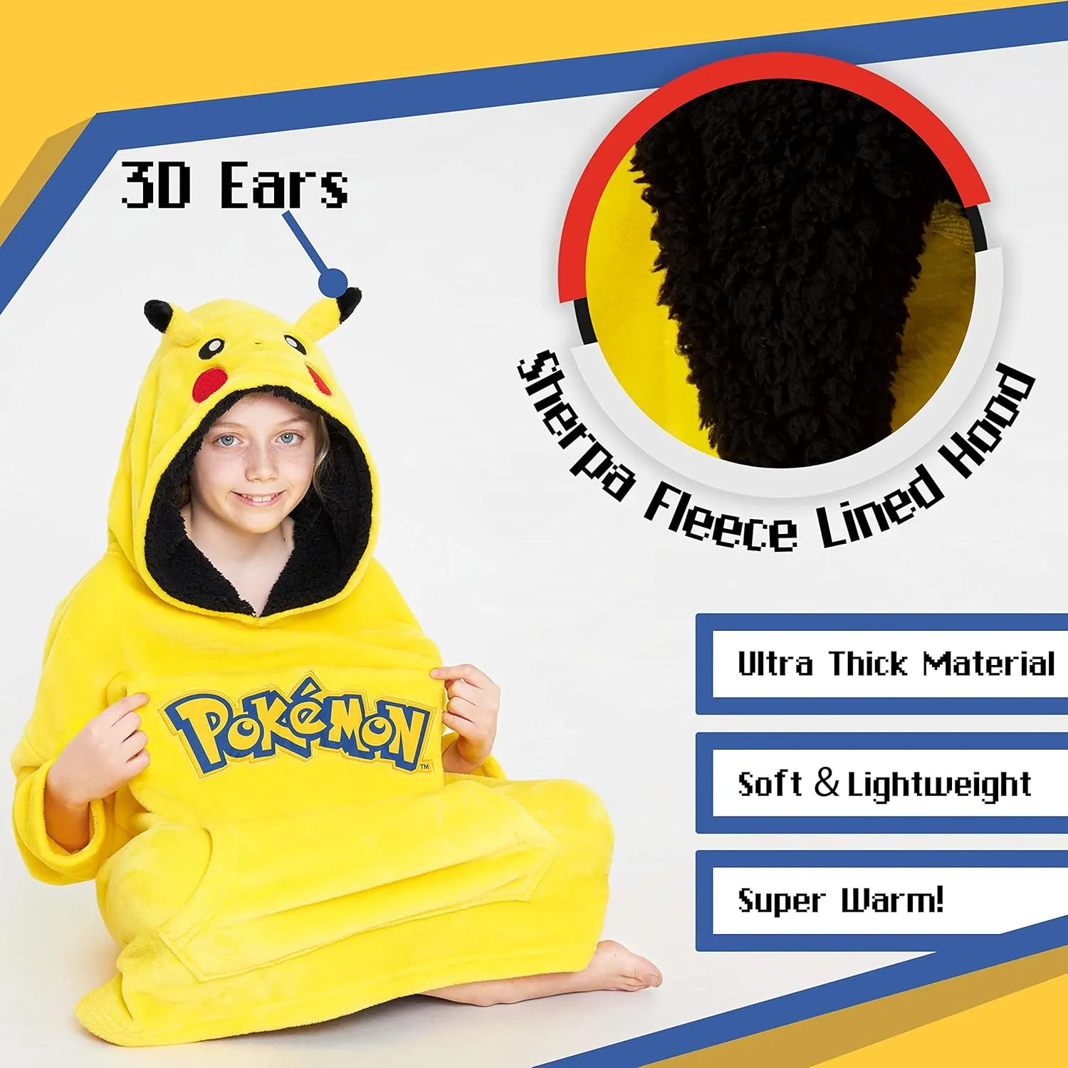 Pokemon Pikachu Blanket Hoodie for Kids Cozy Warm Anime Fleece Wearable Blanket