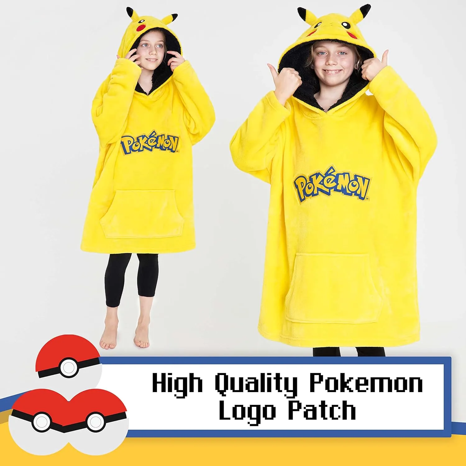 Pokemon Pikachu Blanket Hoodie for Kids Cozy Warm Anime Fleece Wearable Blanket