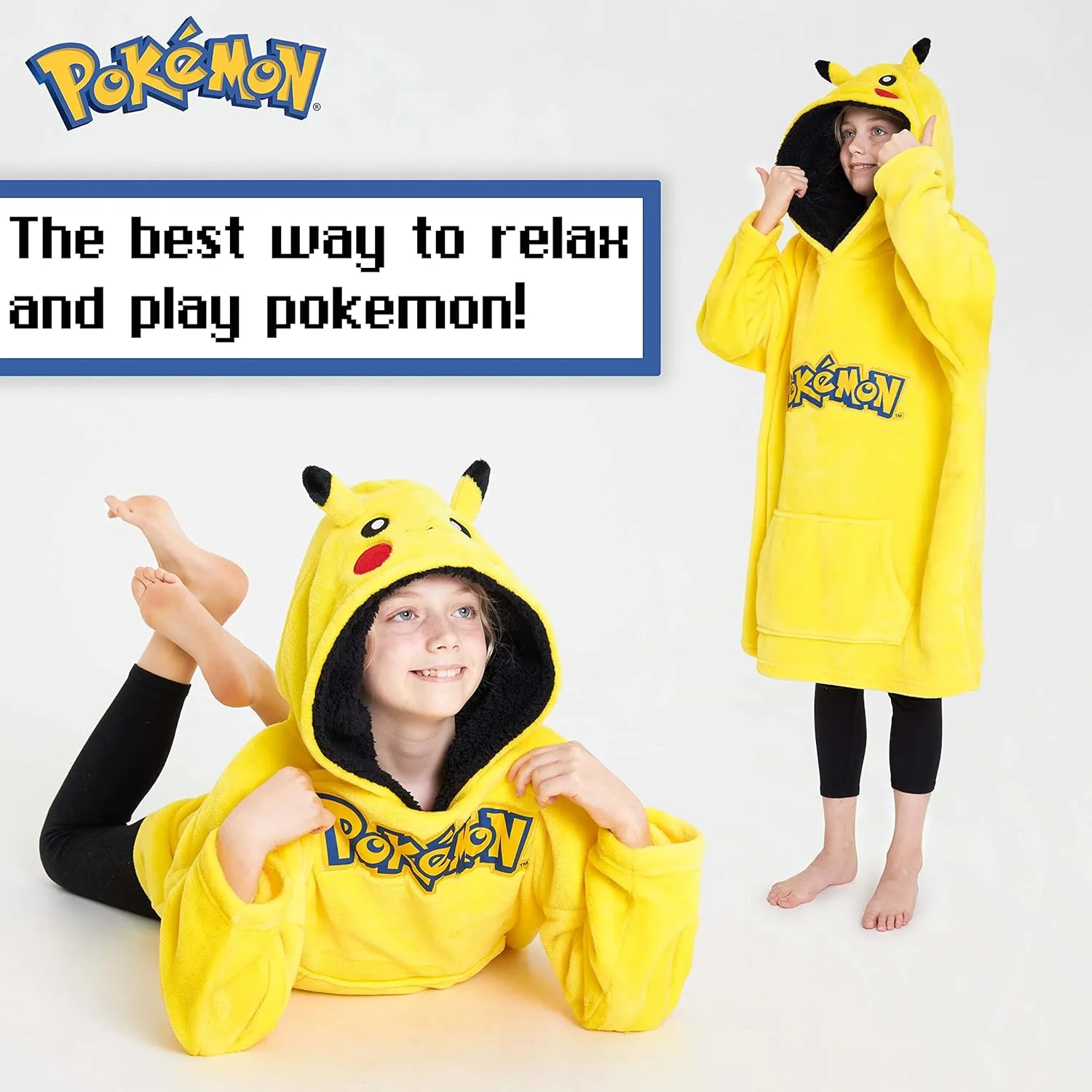 Pokemon Pikachu Blanket Hoodie for Kids Cozy Warm Anime Fleece Wearable Blanket