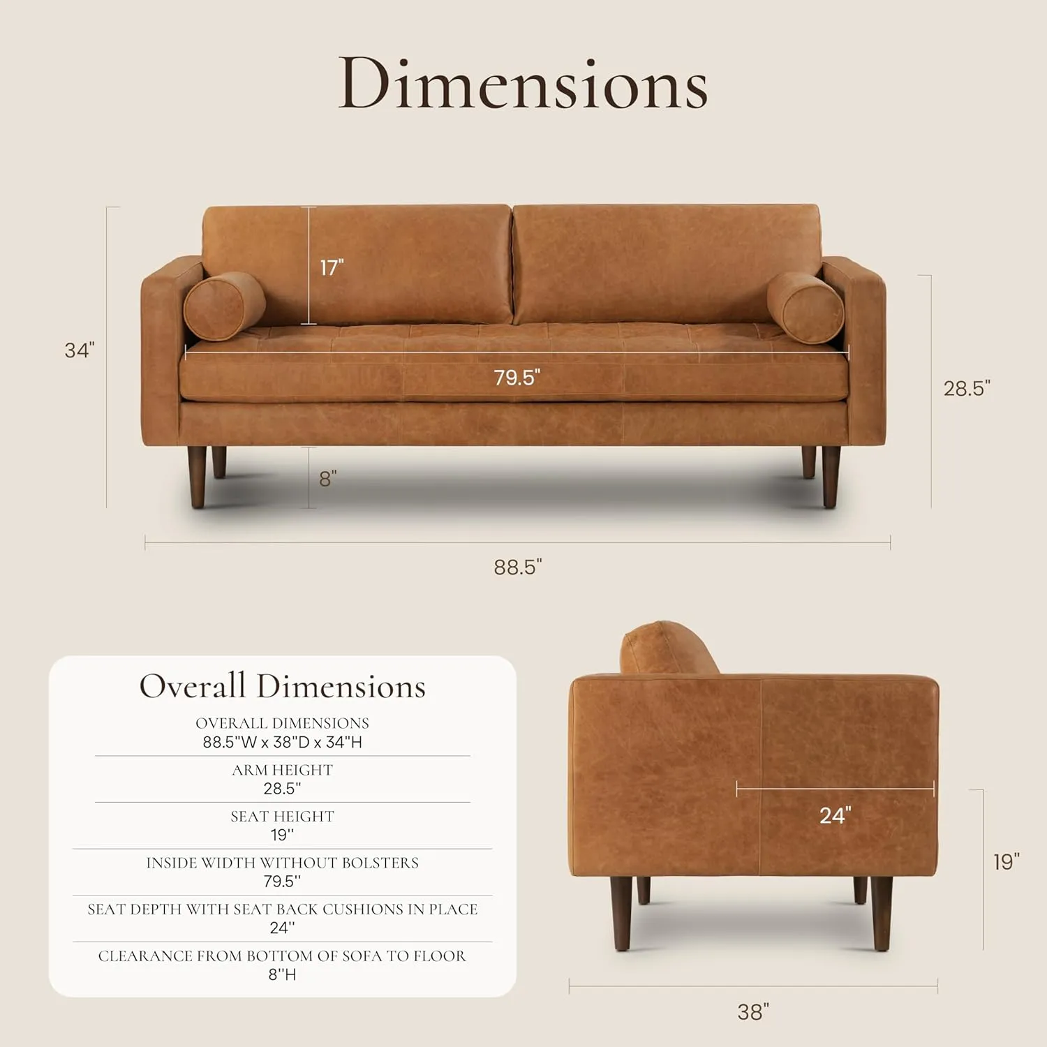 POLY & BARK Cognac Tan Brown Leather Couch - 88.5" Mid Century Leather Sofa with 2 Bolsters - Full Grain Camel Leather Couch - Feather-Down Topper On Seating Surface - Pure-Aniline Italian Leather