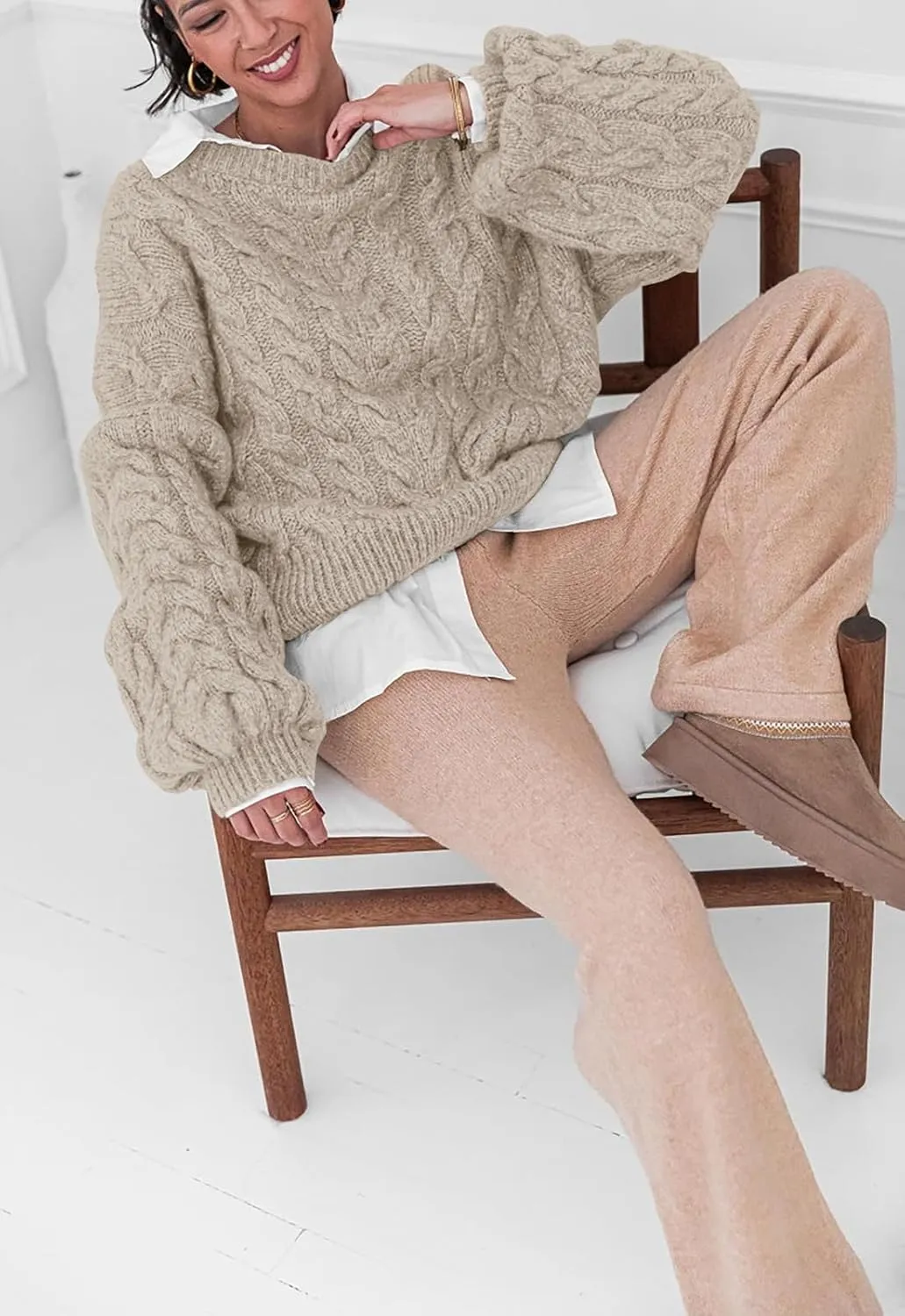 PRETTYGARDEN Womens Sweaters Spring 2025 Cable Knit Long Sleeve Crewneck Oversized Sweater Chunky Pullover Loose Outfits