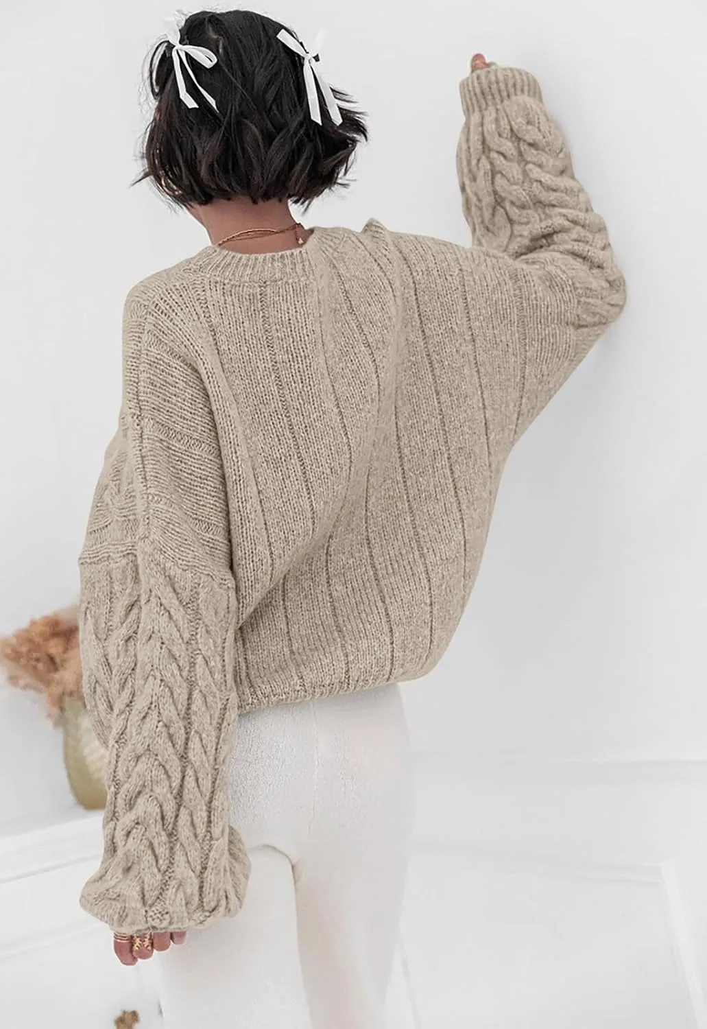 PRETTYGARDEN Womens Sweaters Spring 2025 Cable Knit Long Sleeve Crewneck Oversized Sweater Chunky Pullover Loose Outfits