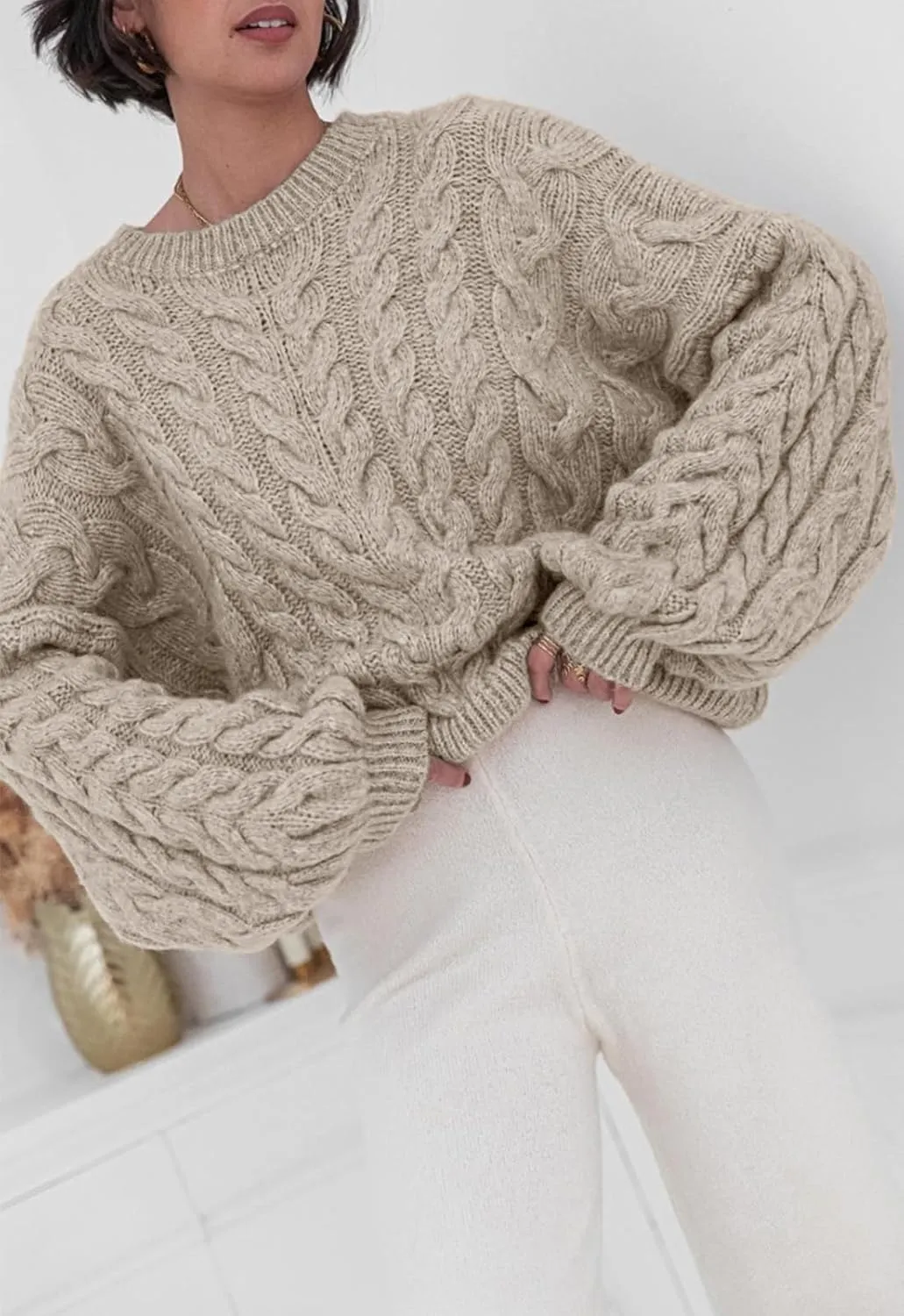 PRETTYGARDEN Womens Sweaters Spring 2025 Cable Knit Long Sleeve Crewneck Oversized Sweater Chunky Pullover Loose Outfits