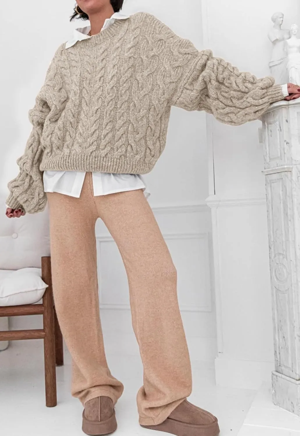 PRETTYGARDEN Womens Sweaters Spring 2025 Cable Knit Long Sleeve Crewneck Oversized Sweater Chunky Pullover Loose Outfits