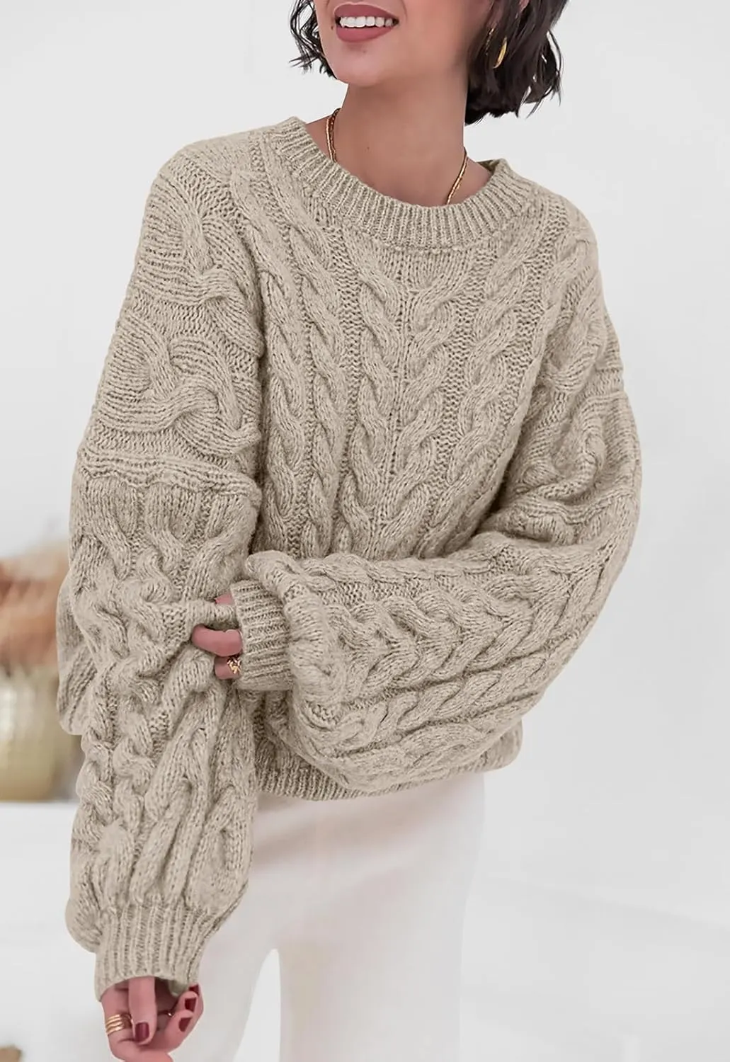 PRETTYGARDEN Womens Sweaters Spring 2025 Cable Knit Long Sleeve Crewneck Oversized Sweater Chunky Pullover Loose Outfits