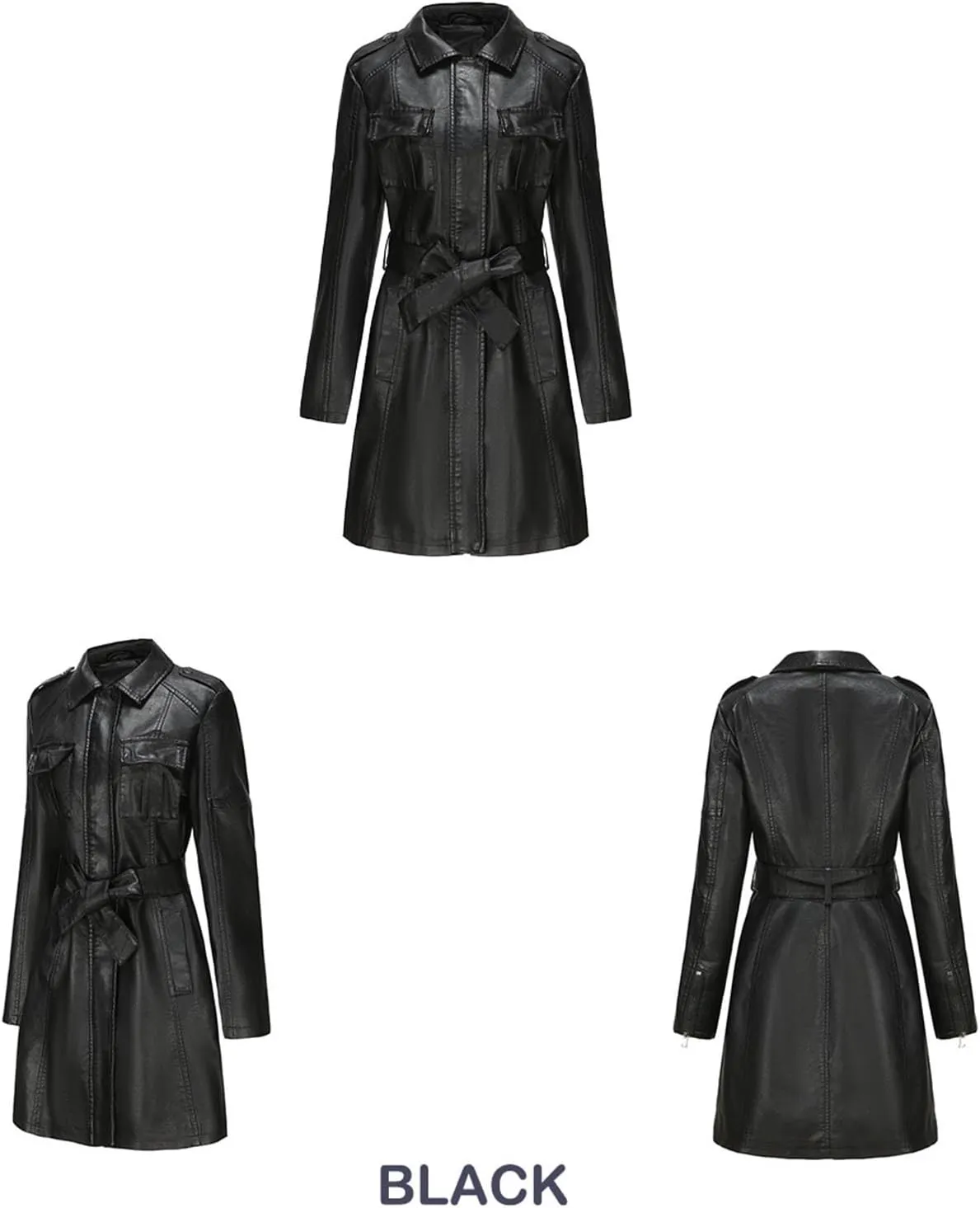 PTOLOCIF Womens PU Faux Leather Jacket Casual Lapel Long Suit Full Zip Windbreaker Fall Trench Coat Outerwear with Pockets