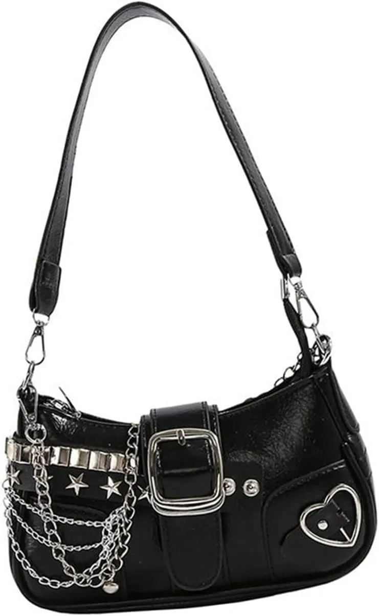 Punk PU Leather Single Shoulder Bag with Chain for Women Grunge Star Rivets Underarm Purse Handbag Zippered Armpit Bag