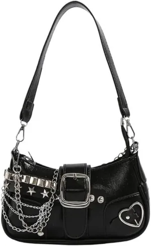 Punk Underarm Bag with Metal Chain for Women Grunge Star Rivets PU Leather Handbag Armpit Purse Single Shoulder Bag