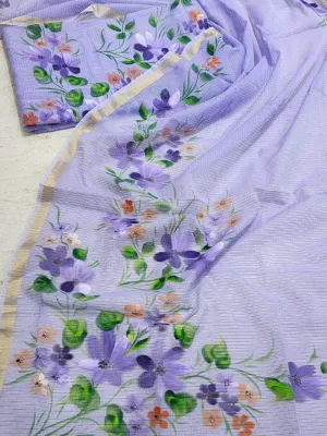 Pure Kota Doria Hand Brush Print Work Unstitched Suit with Dupatta