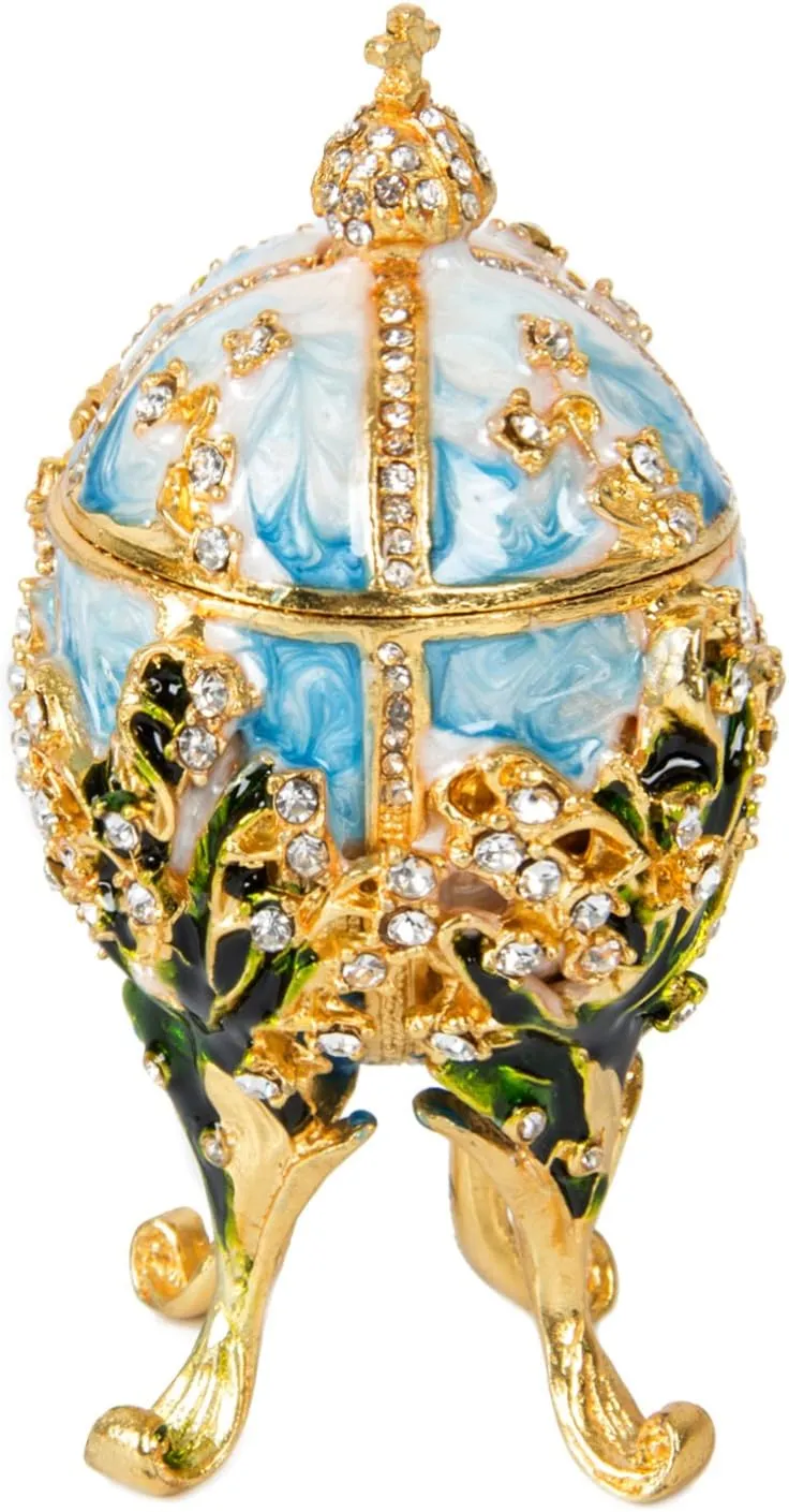 QIFU Hand Painted Enameled Easter Egg Style Decorative Hinged Jewelry Trinket Box