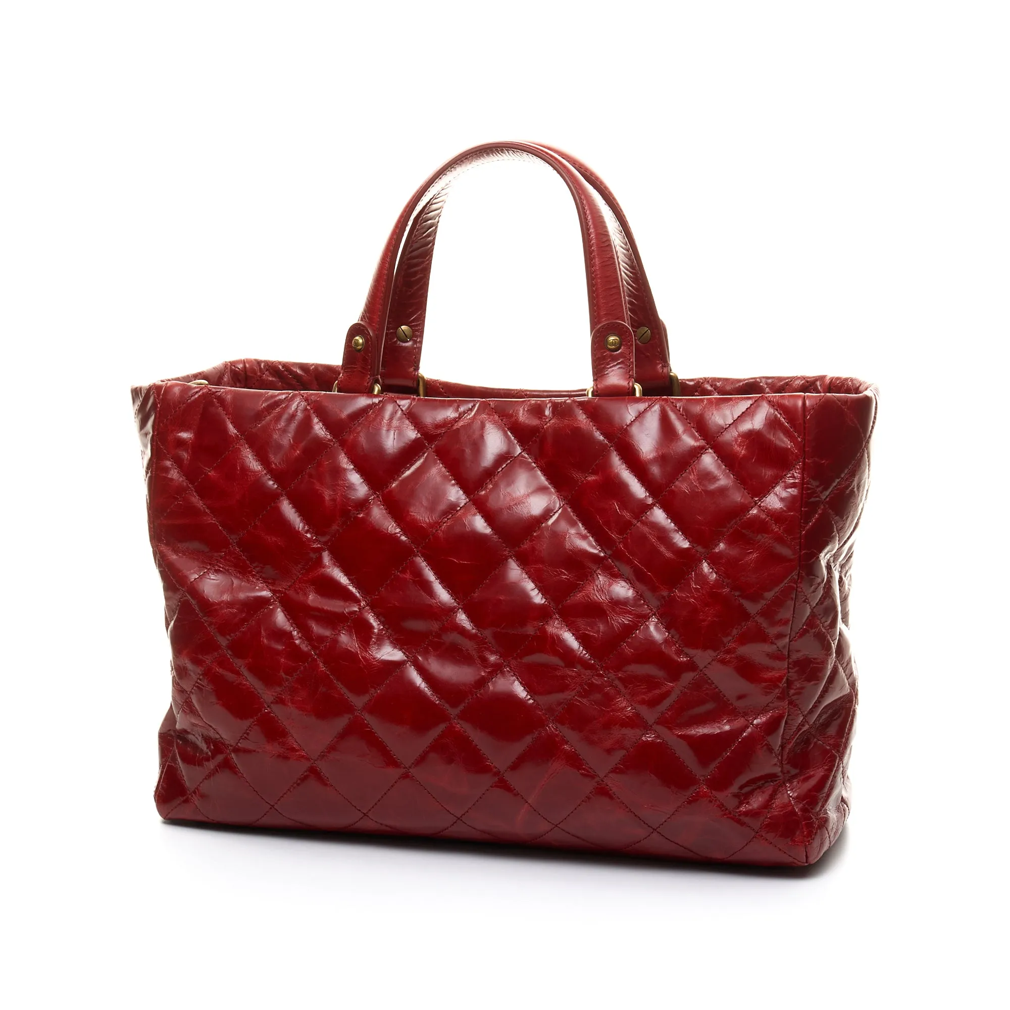 Quilted Red Top Handle Bag in Patent Leather, Gold hardware