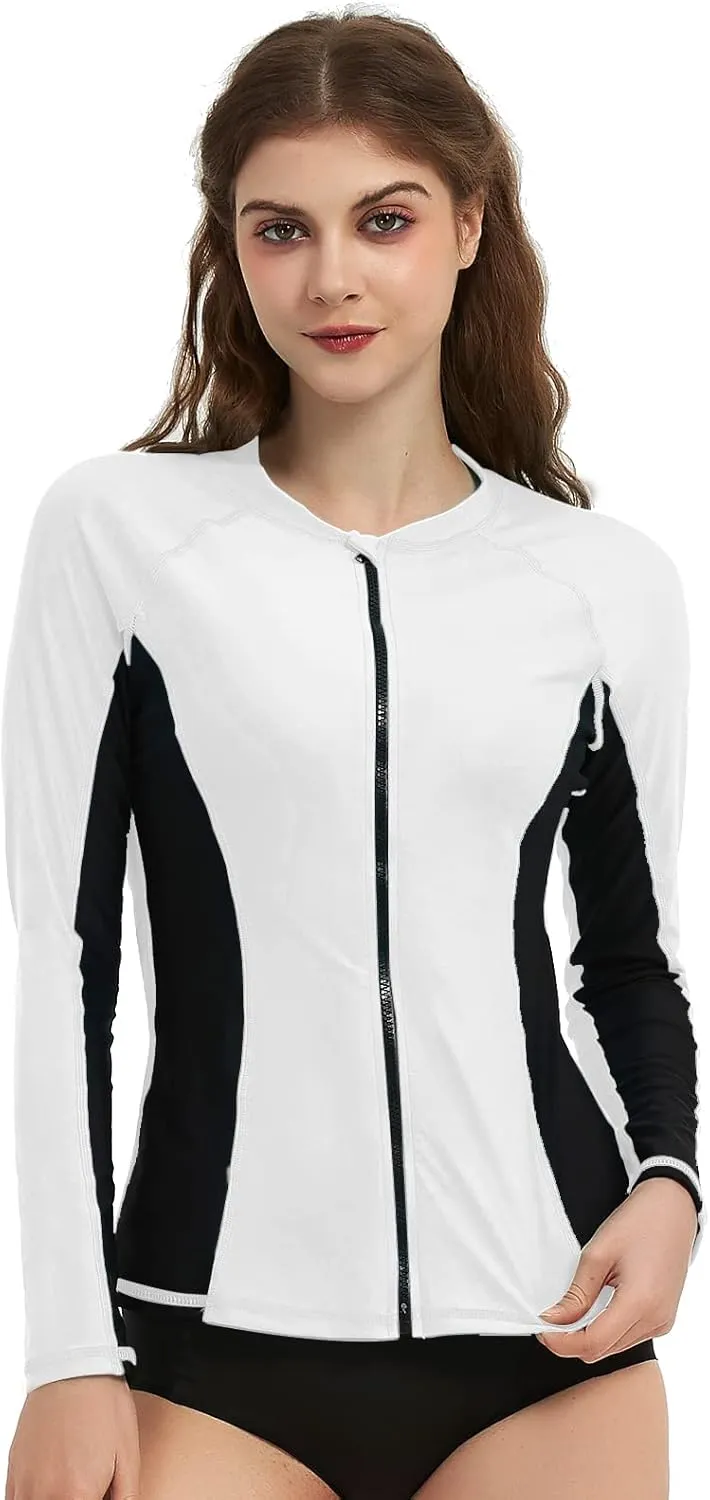 Rash Guard for Women, UPF 50  Long Sleeve Zip Front UV Sun Protection Jacket Swim Shirt for Women Swimwear