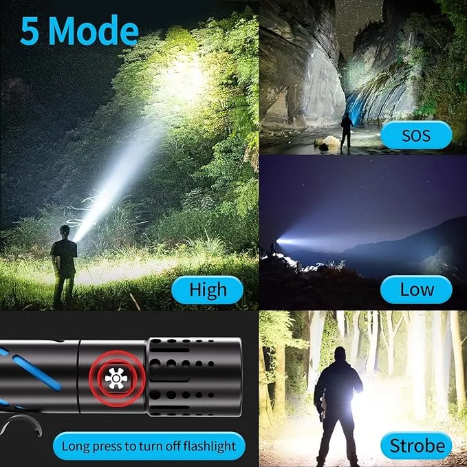 Rechargeable Flashlight with Long Beam and Belt Clip Small Flashlight with 5 Modes Zoomable Waterproof Adjustable Brightness High Lumens Powerful Handheld Flashlight for Outdoor Emergency Camping