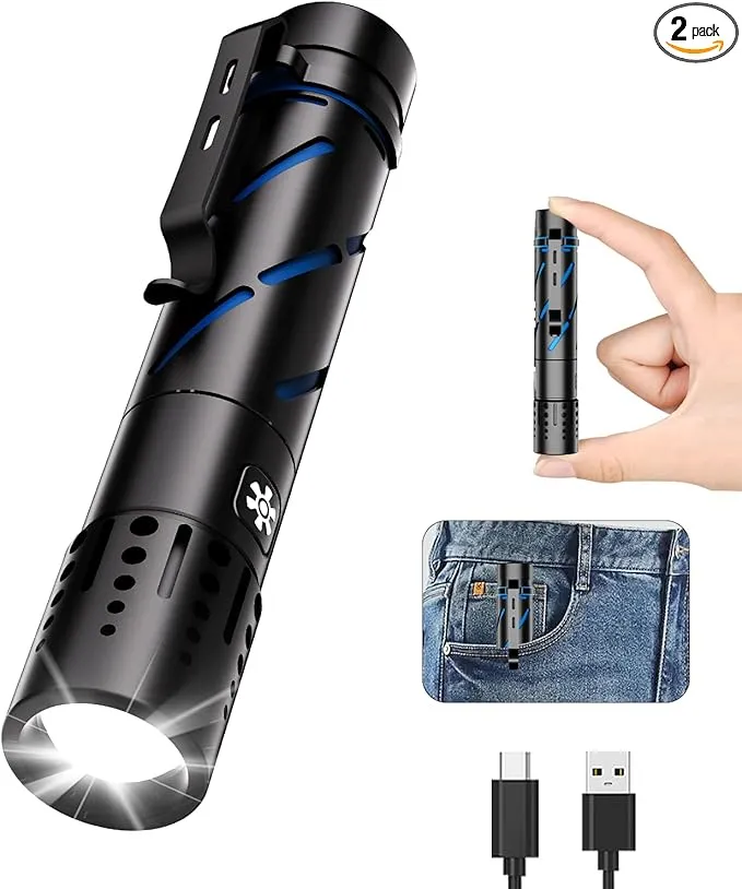 Rechargeable Flashlight with Long Beam and Belt Clip Small Flashlight with 5 Modes Zoomable Waterproof Adjustable Brightness High Lumens Powerful Handheld Flashlight for Outdoor Emergency Camping