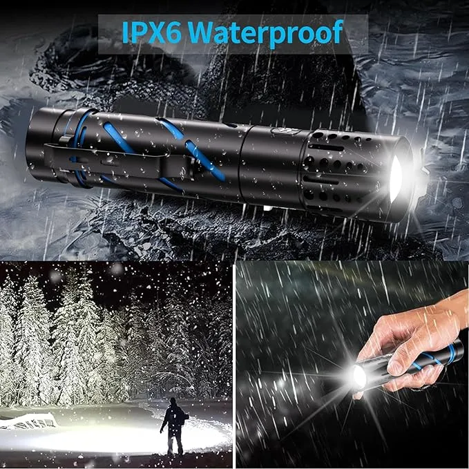 Rechargeable Flashlight with Long Beam and Belt Clip Small Flashlight with 5 Modes Zoomable Waterproof Adjustable Brightness High Lumens Powerful Handheld Flashlight for Outdoor Emergency Camping