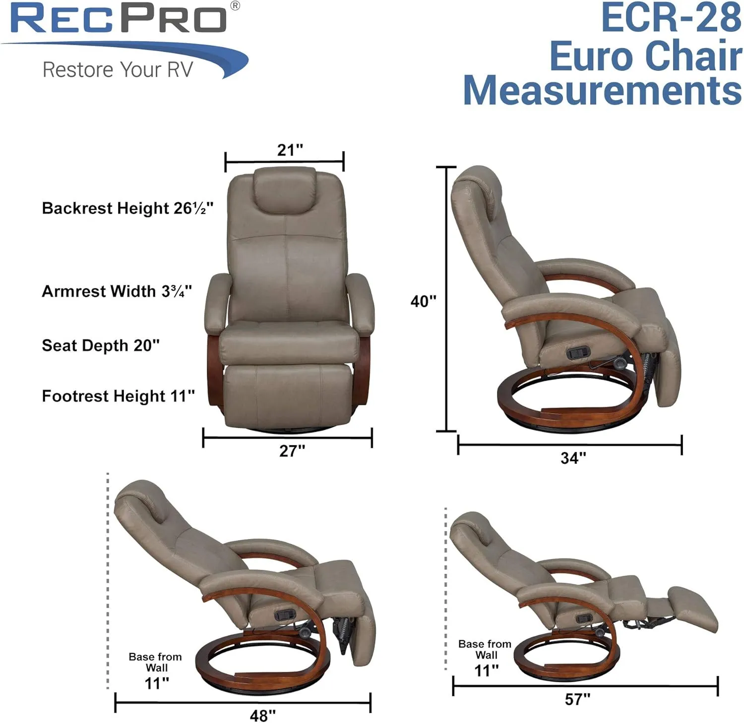 RecPro Charles 28" RV Euro Chair Recliner Modern Design RV Furniture (1, Putty)