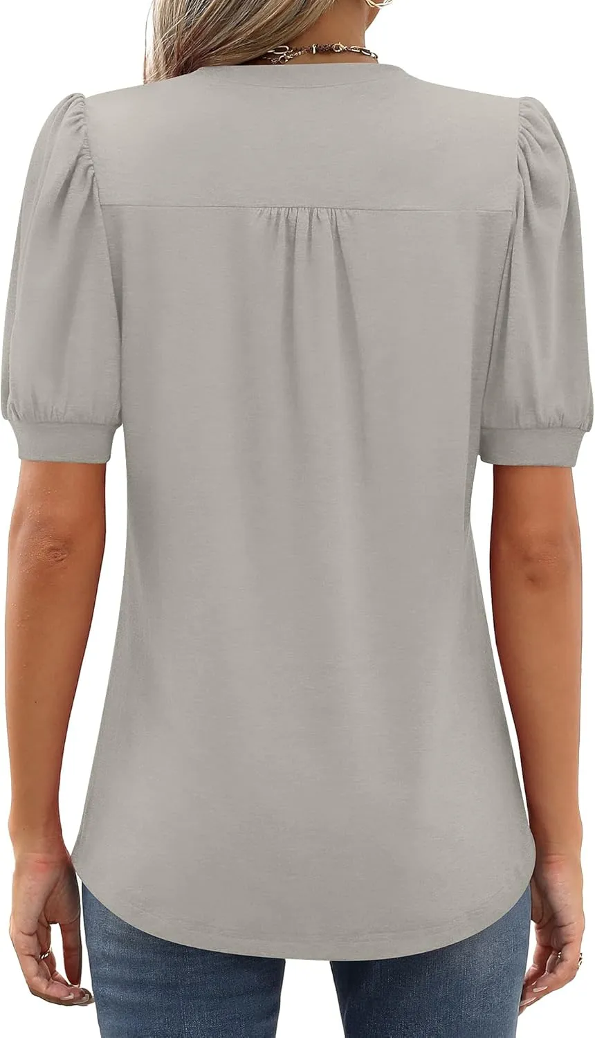 Riyiper Women's Short Sleeve Pleated Tops Crew Neck Puff Sleeve Spring Blouses Tunic Top Summer Dressy Casual T Shirt