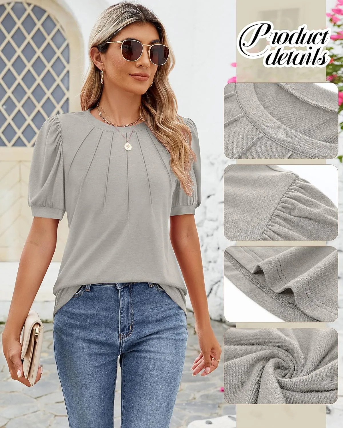 Riyiper Women's Short Sleeve Pleated Tops Crew Neck Puff Sleeve Spring Blouses Tunic Top Summer Dressy Casual T Shirt