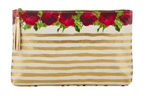 Roses & Gold Stripes Oil Cloth Large Zipper Pouch