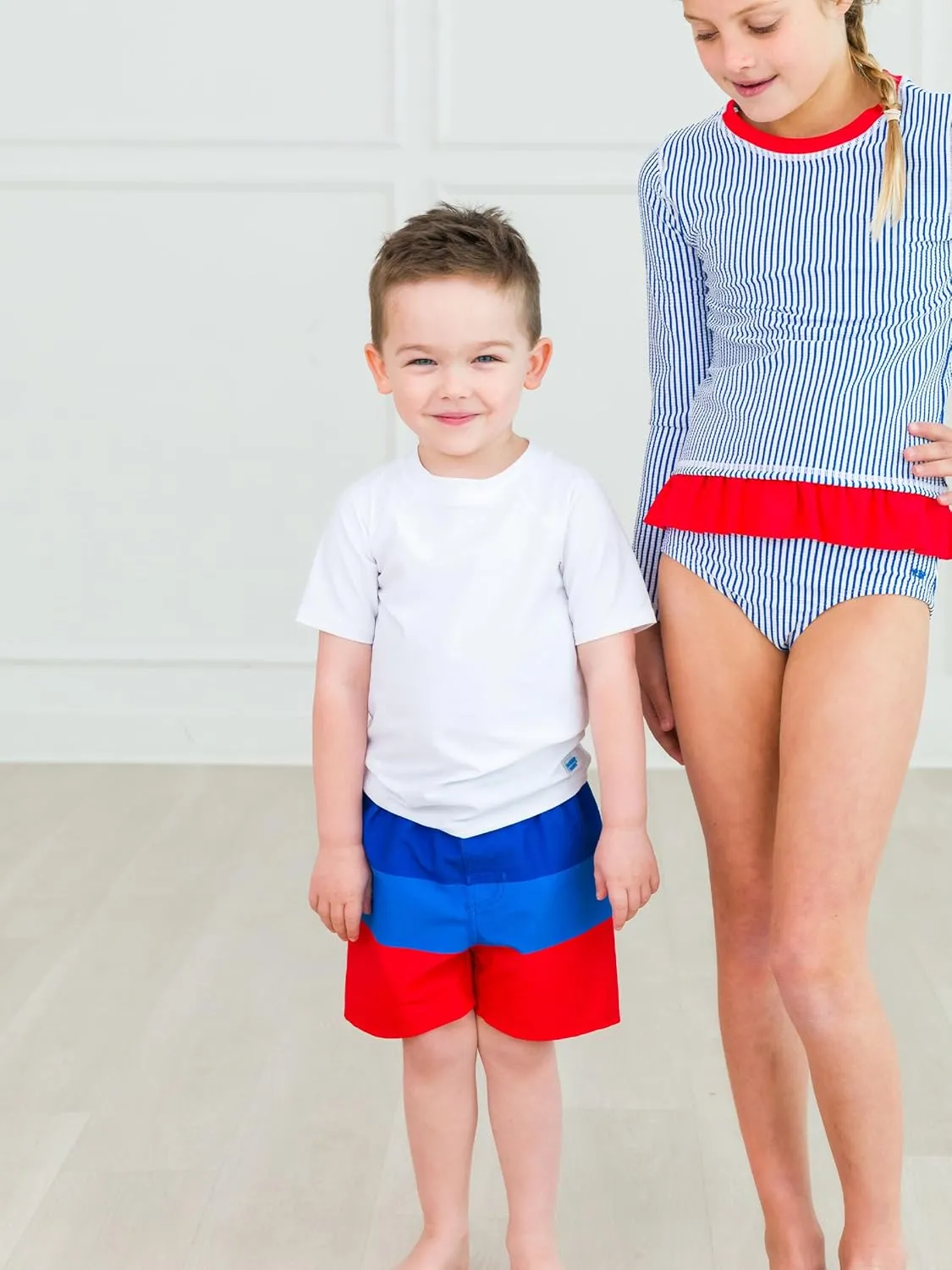 RUGGEDBUTTS Boys UPF50  Sun Protection Striped Color Block Swim Trunks