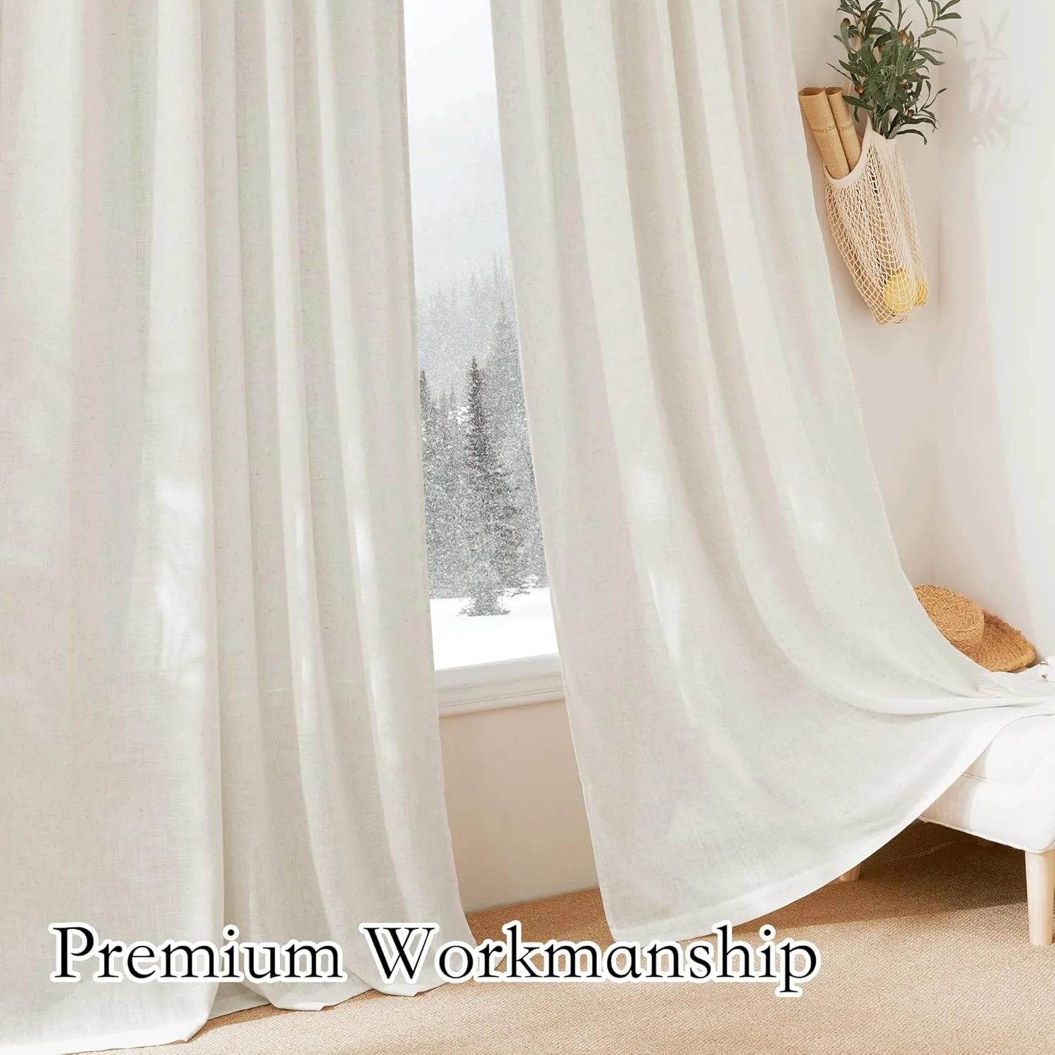 RYB HOME Semi Sheer Curtains - Linen Blend Semi Transparent Privacy Drapes Shabby Chic Light Filtering Extra Long Curtains for Farmhouse Home Office Laundry Room, 52" W x 120" L, 2 Panels, Linen
