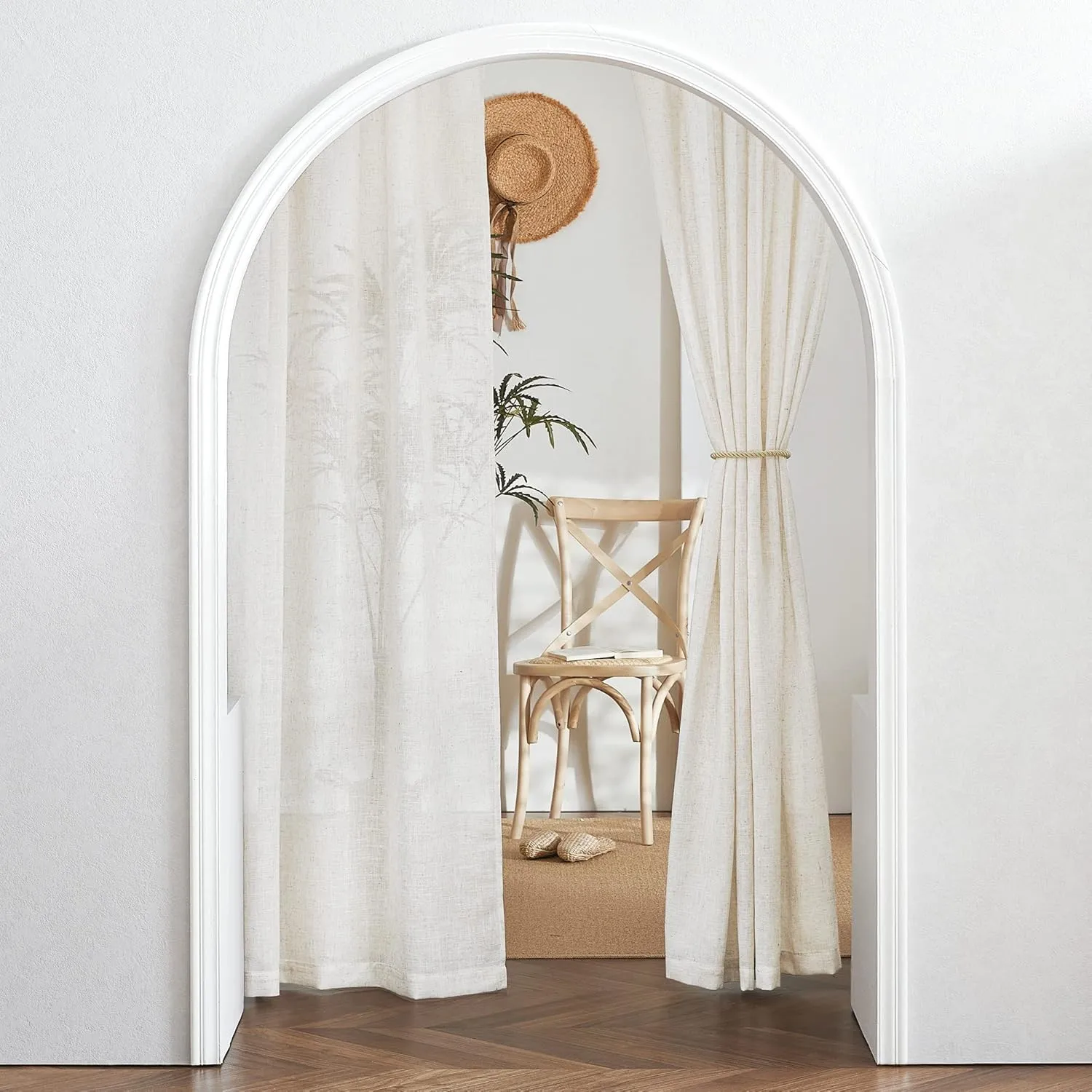 RYB HOME Semi Sheer Curtains - Linen Blend Semi Transparent Privacy Drapes Shabby Chic Light Filtering Extra Long Curtains for Farmhouse Home Office Laundry Room, 52" W x 120" L, 2 Panels, Linen
