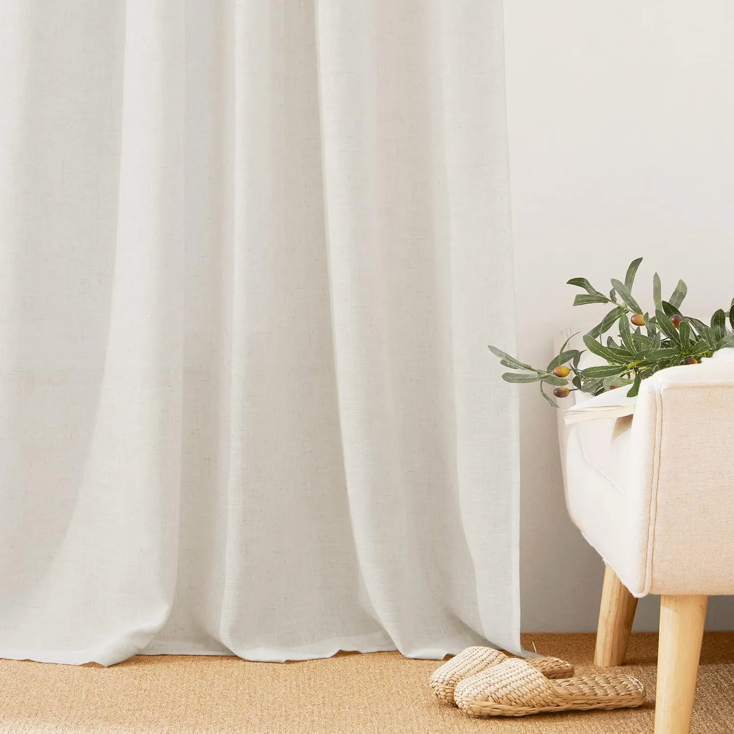 RYB HOME Semi Sheer Curtains - Linen Blend Semi Transparent Privacy Drapes Shabby Chic Light Filtering Extra Long Curtains for Farmhouse Home Office Laundry Room, 52" W x 120" L, 2 Panels, Linen