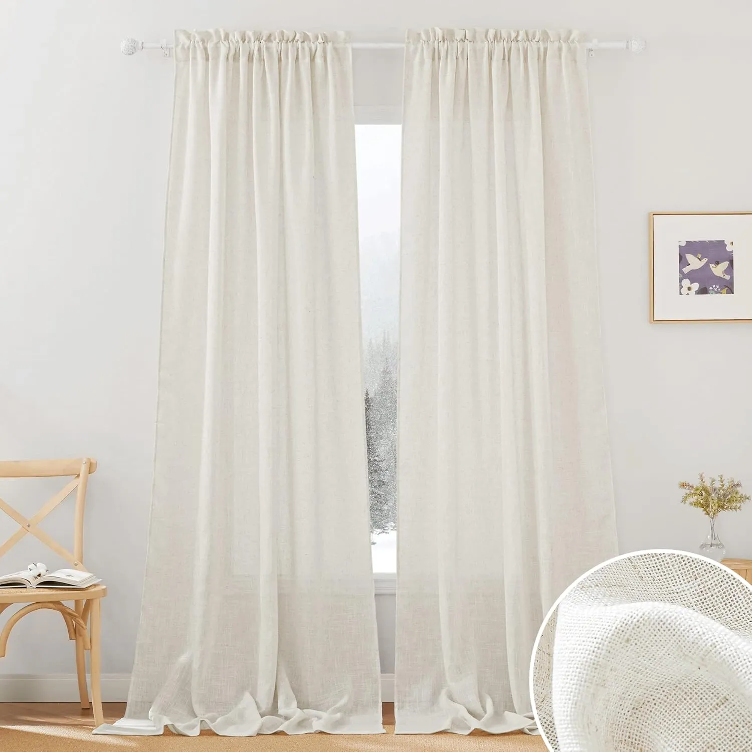 RYB HOME Semi Sheer Curtains - Linen Blend Semi Transparent Privacy Drapes Shabby Chic Light Filtering Extra Long Curtains for Farmhouse Home Office Laundry Room, 52" W x 120" L, 2 Panels, Linen