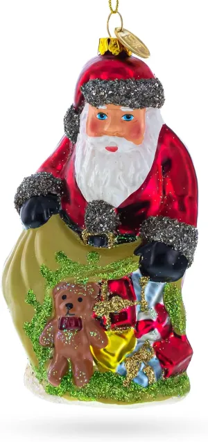 Santa with Gift-Filled Bag Blown Glass Christmas Ornament