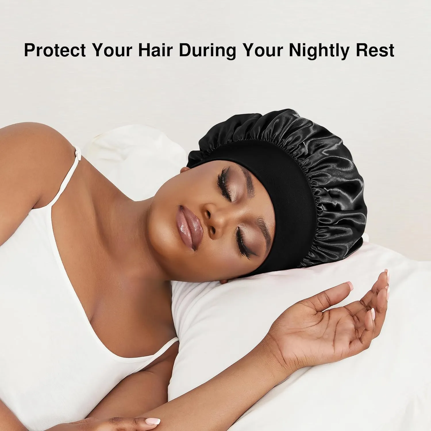 Satin Bonnet Silk Hair Bonnet for Sleeping Women Men Night Cap Sleep Bonnet Hat Hair Cap 9 Pack with Wide Band, Black